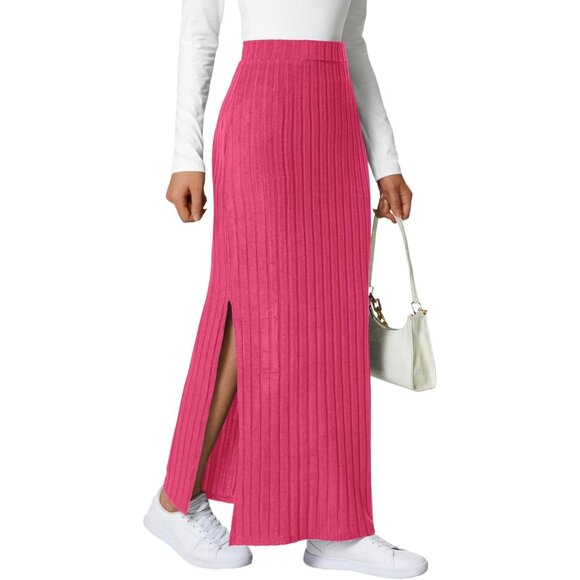 Women's Rose Pink Ribbed Knit Pencil Side Slit Waist Bodycon Long Midi Skirt - Picture 3 of 5